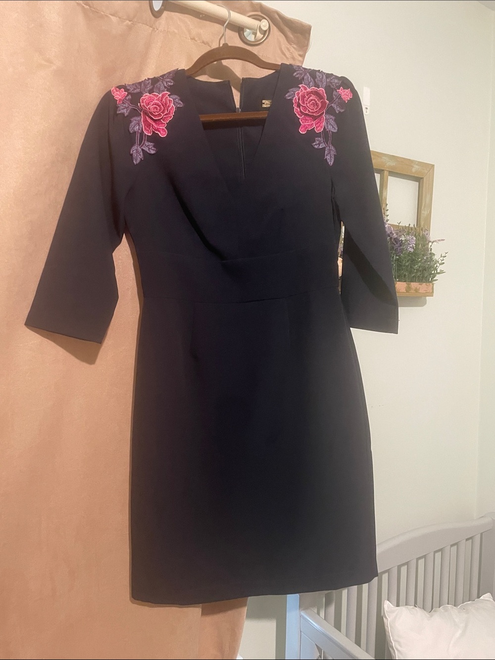 Alexia Admor Black Midi Dress with Pink Rose Embroidery